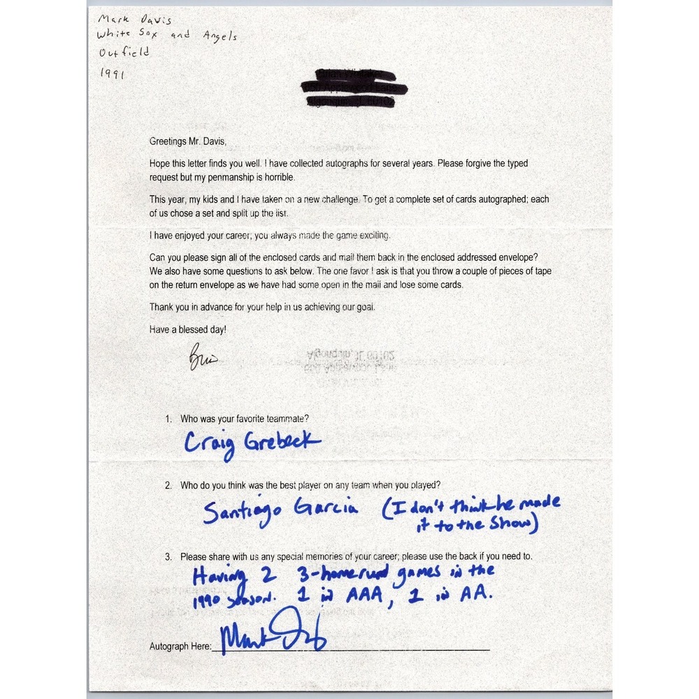 Mark Davis Autographed Letter White Sox Angels Outfield Personalized Fan Mail